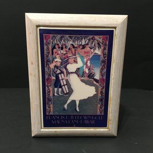 Lovely Wood Musical Jewelry Box Base With Rare Ceramic Graphic Art Tile Inlay